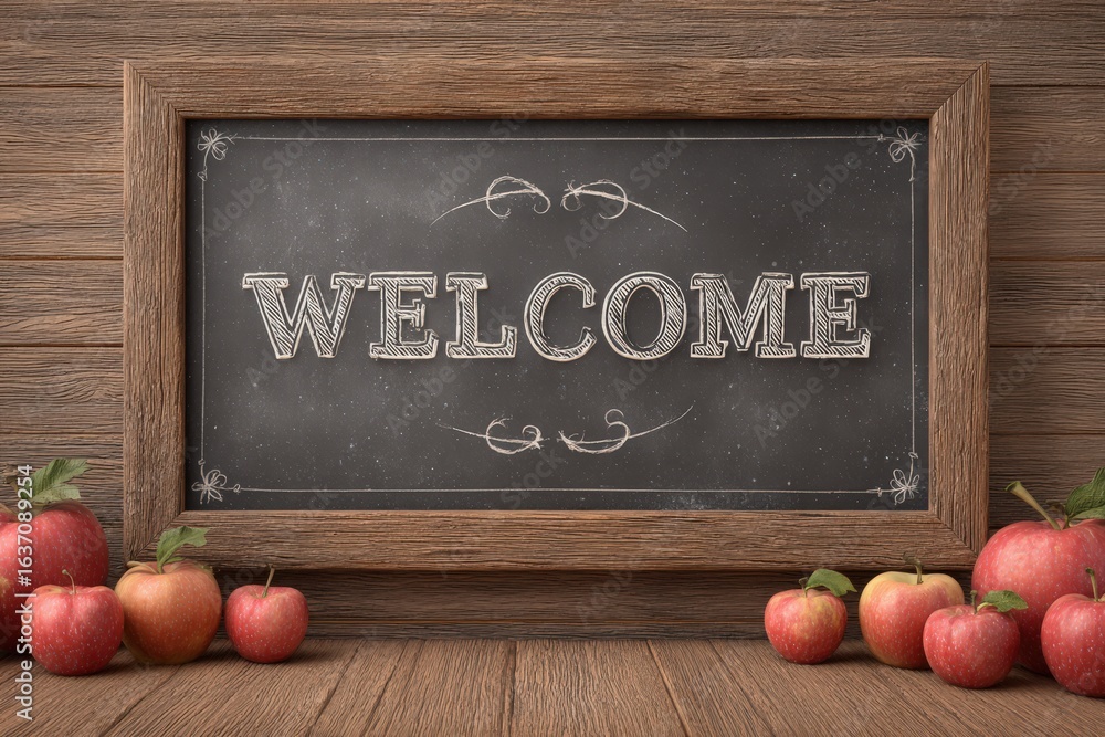A warm welcome message is displayed on a rustic chalkboard framed in wood. Fresh red apples rest on a wooden table, enhancing the inviting atmosphere of the space.