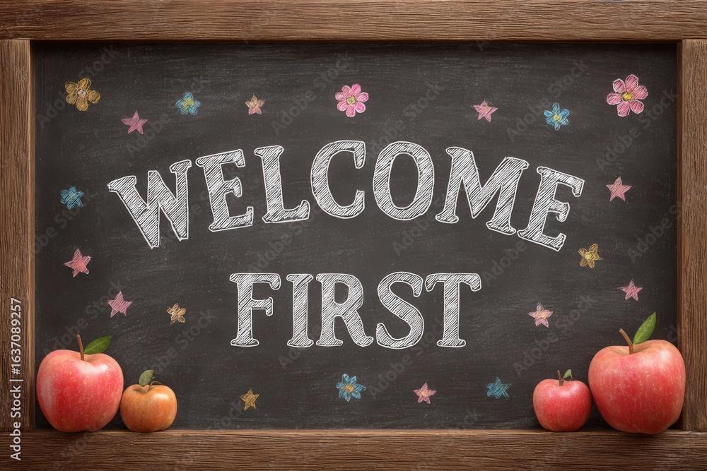 A chalkboard displays a welcome message for first visitors, surrounded by colorful flowers and apples. The cozy feel is enhanced with vibrant decorations that invite warmth and friendliness.