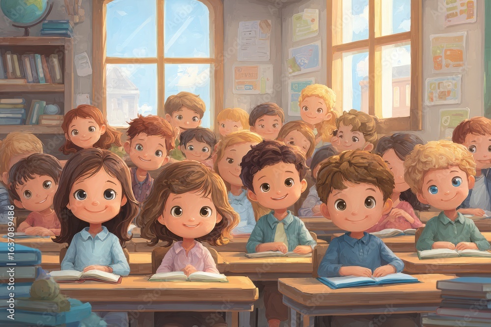 A vibrant classroom features children seated at desks, all focused on their books. Sunlight streams through the windows, highlighting cheerful expressions and a sense of curiosity among the students.