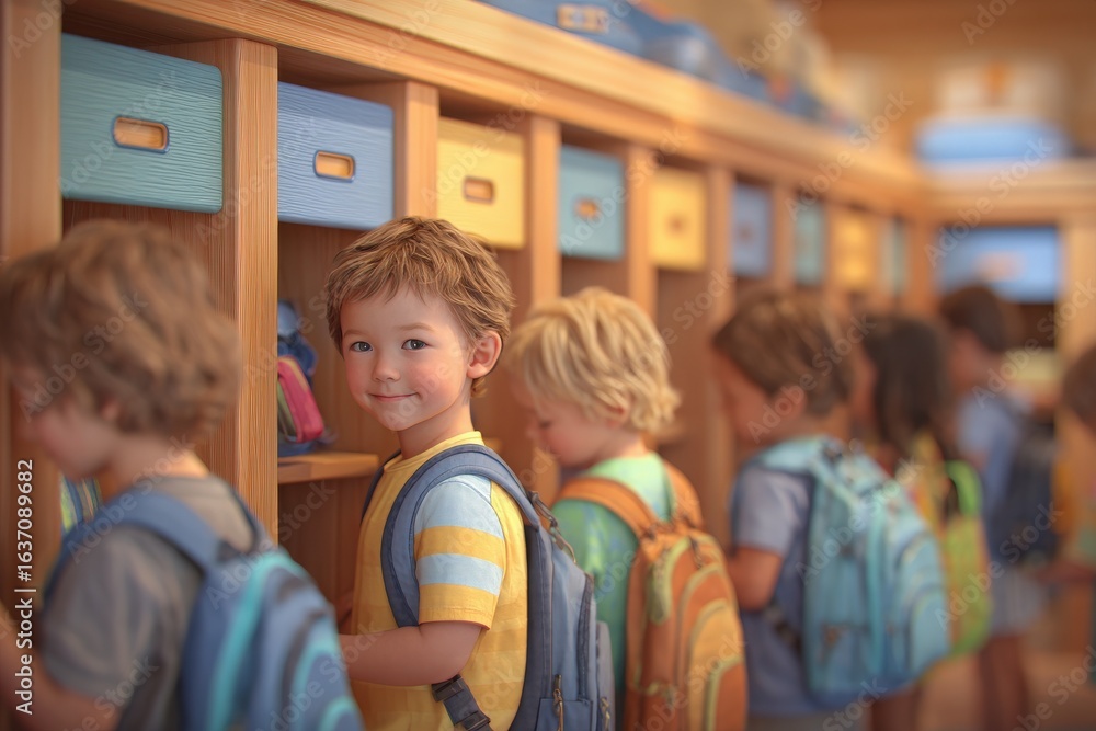 A group of young children, wearing colorful backpacks, are busy sorting their belongings in wooden cubbies. The cheerful environment suggests an active school day filled with learning.