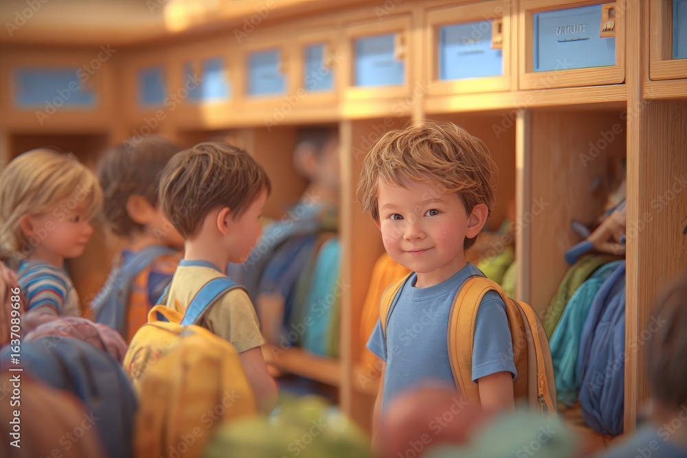 A group of young children stands in a classroom, each with a backpack. One boy smiles at the camera while others chat and get ready for their school day, surrounded by wooden lockers.