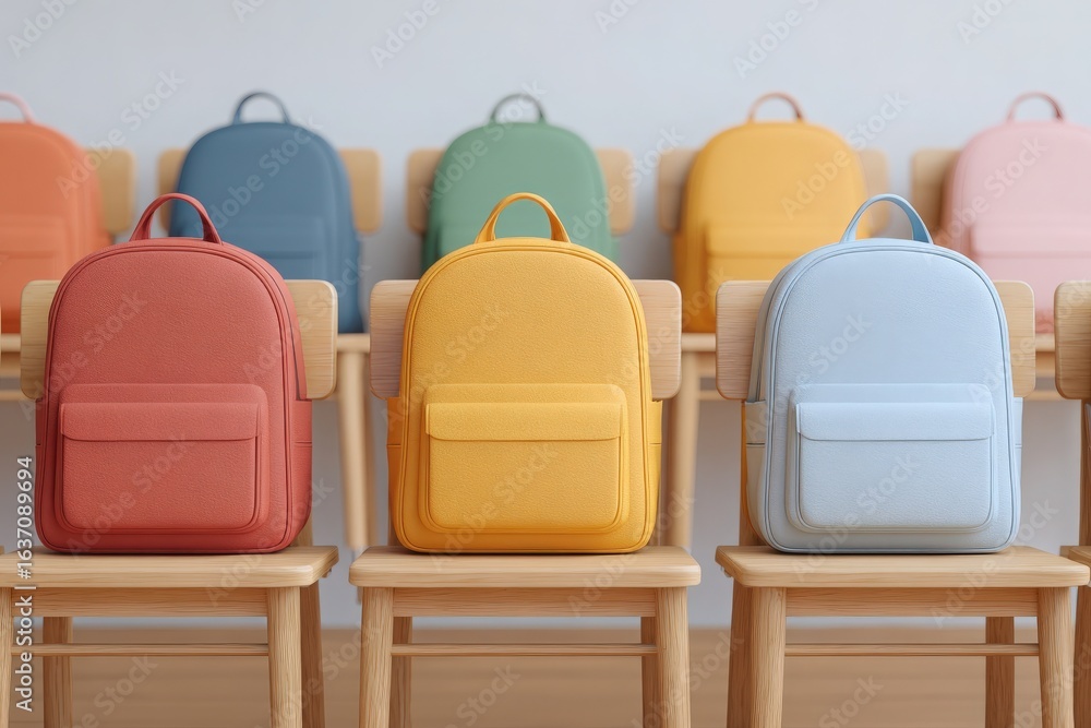 Vibrant backpacks of various colors are displayed on wooden chairs in a bright classroom. The setting is inviting and organized, showcasing a playful learning environment.