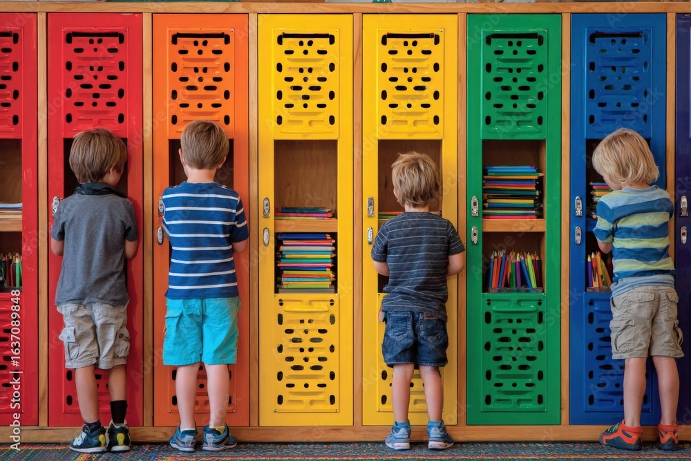 Four young boys stand in front of brightly colored lockers, exploring their contents. The cheerful setting reflects a lively atmosphere, encouraging curiosity and learning among students.