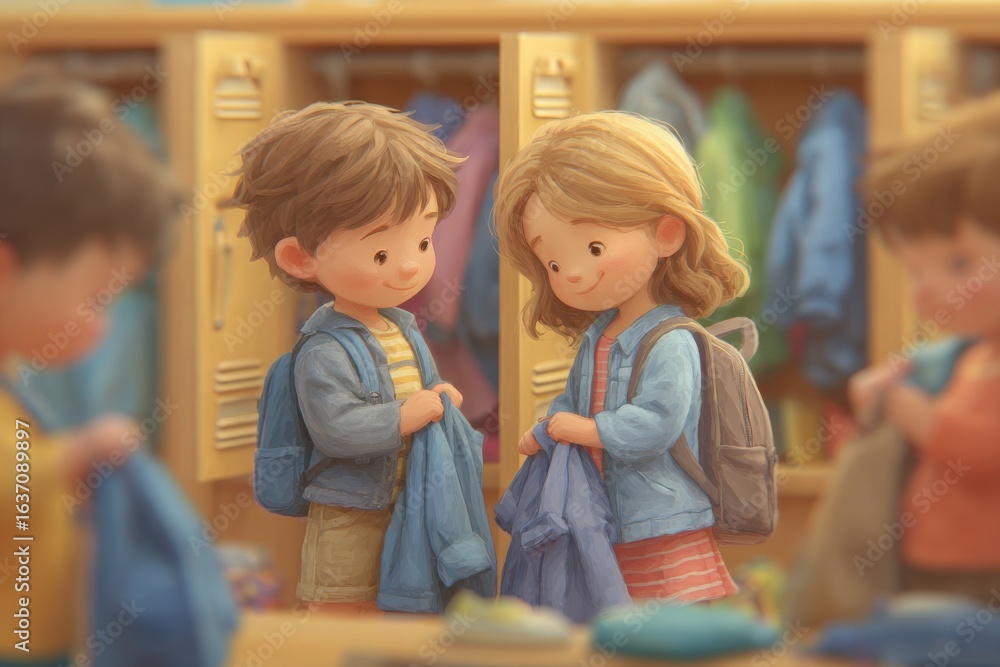 Two young children smile at each other while holding jackets in a school locker area, surrounded by colorful clothing. The atmosphere is friendly and cheerful, highlighting morning routines.