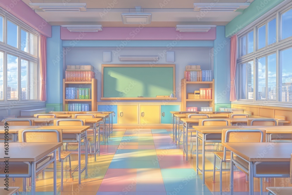 A vibrant classroom features neatly arranged wooden desks facing a chalkboard. Sunlight streams through large windows, illuminating the pastel-colored walls filled with bookshelves.