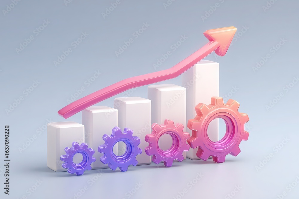 A stylized growth chart displays ascending bars with gears underneath, symbolizing progress and success in business analytics and development. The vibrant colors add a modern look.