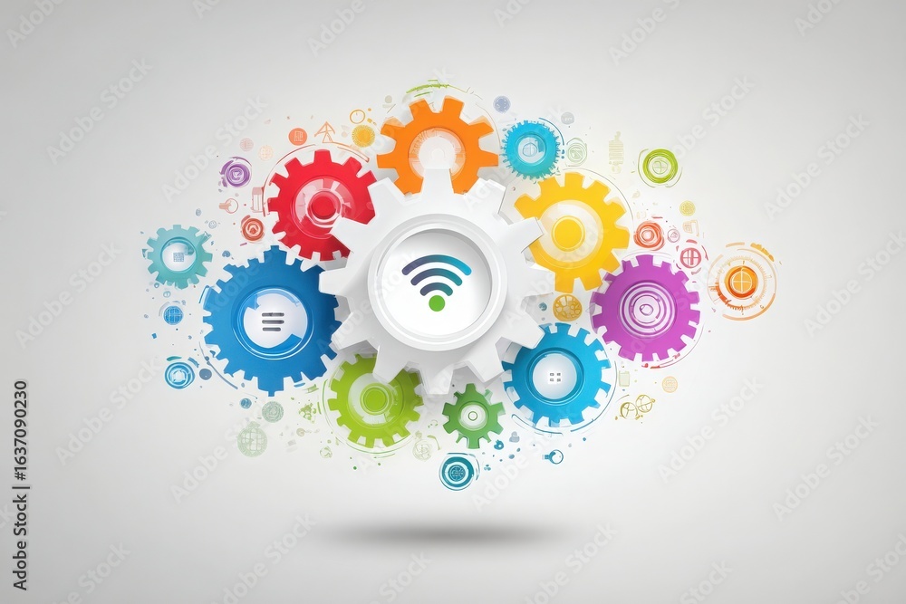 Vibrant gears in various colors surround a central gear featuring a wireless symbol. This design illustrates the integration of technology and connectivity, emphasizing innovation and progress.