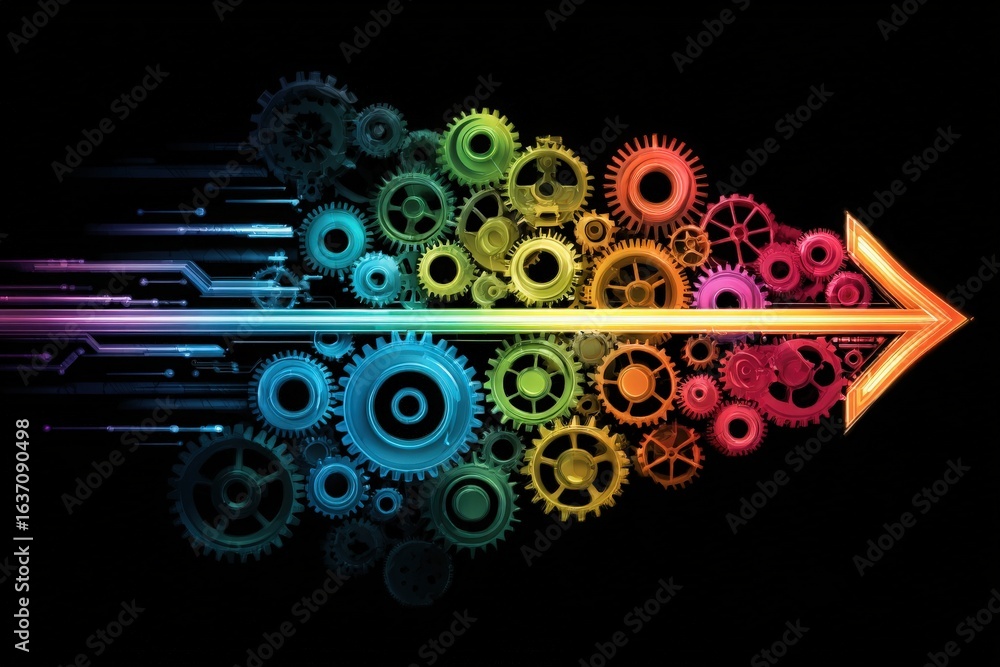 Colorful gears and a bold arrow converge, illustrating the concepts of progress and innovation. The design features a dark background that enhances the vibrancy of the colors.