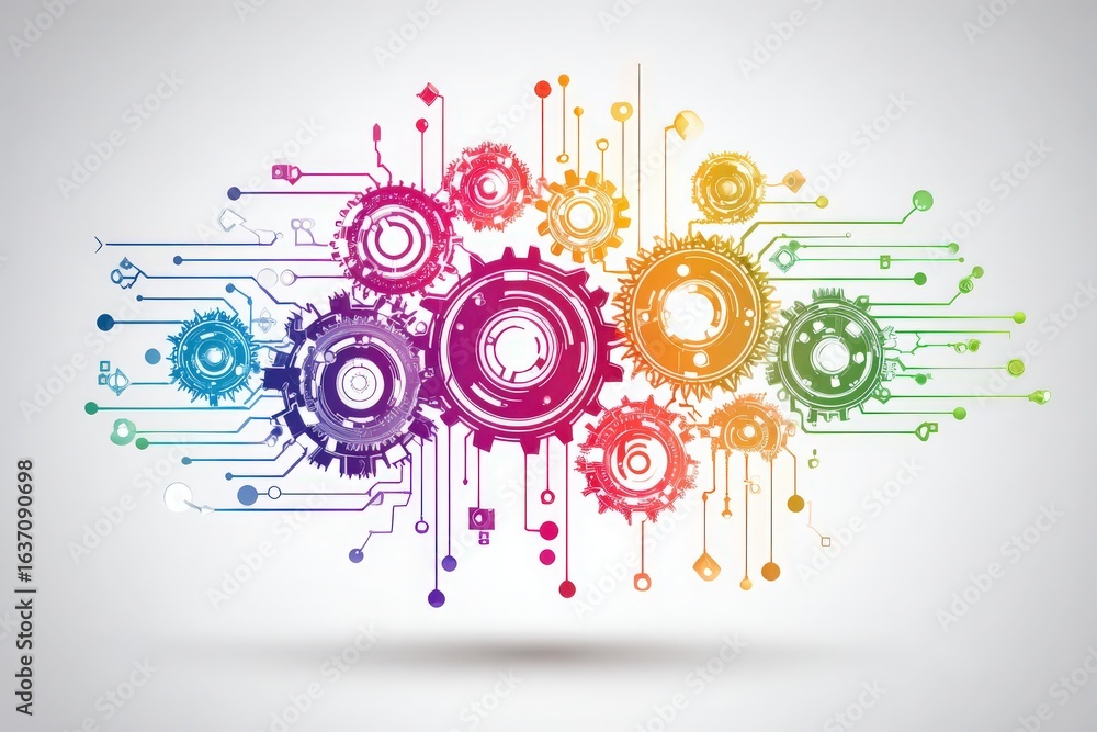 A vibrant arrangement of gears in multiple colors is interconnected with circuit lines. This composition symbolizes innovation and modern technology, showcasing creativity and engineering integration.