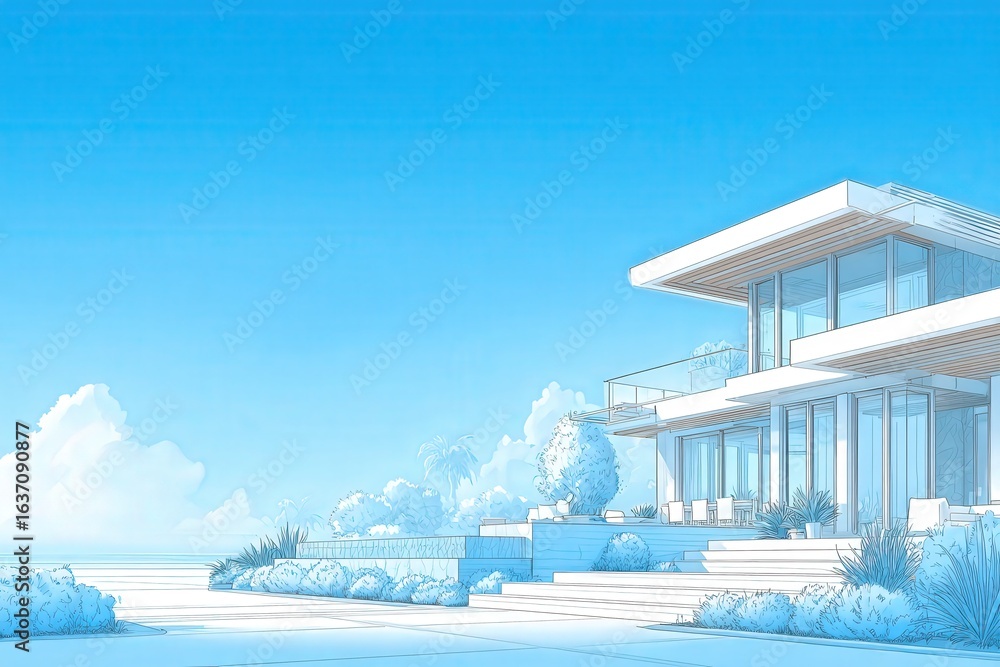A contemporary villa stands prominently by the sea, featuring large glass windows and sleek architecture. The serene sky and lush greenery create a tranquil atmosphere near the water.