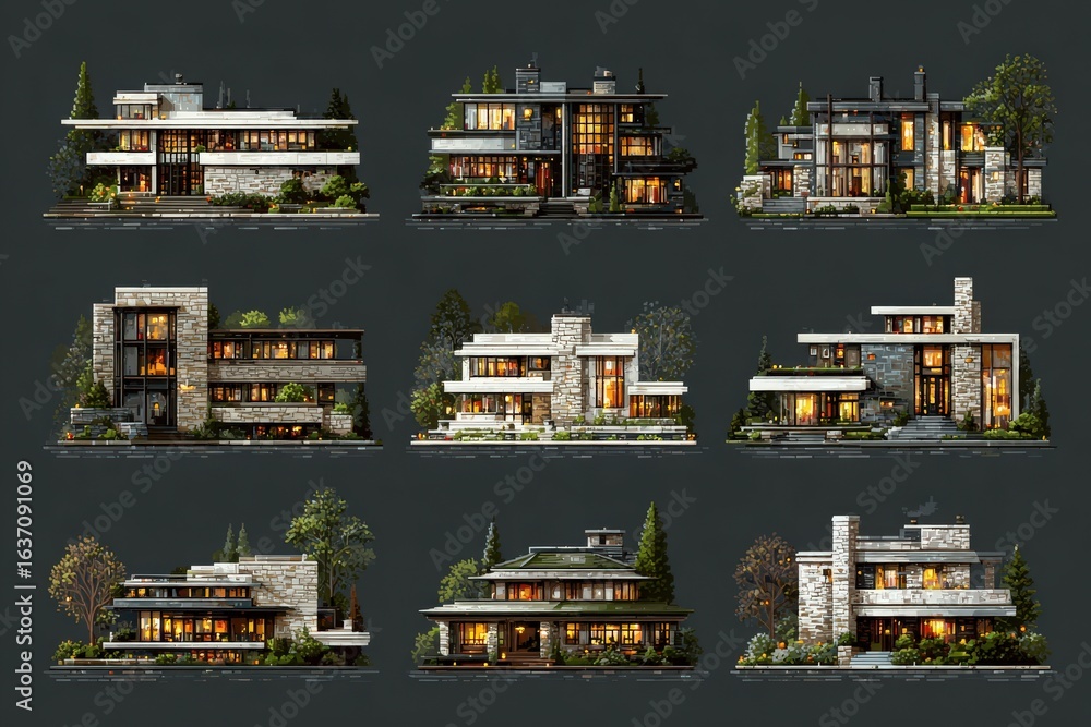 Various luxury homes are displayed in a grid, showcasing modern architecture with large windows, elegant finishes, and vibrant landscaping.