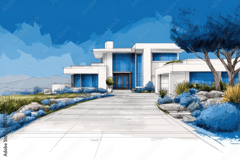 A contemporary house showcases a striking exterior with large windows and a well-maintained landscaped driveway. The vibrant blue sky complements the clean lines and modern aesthetic of the building.