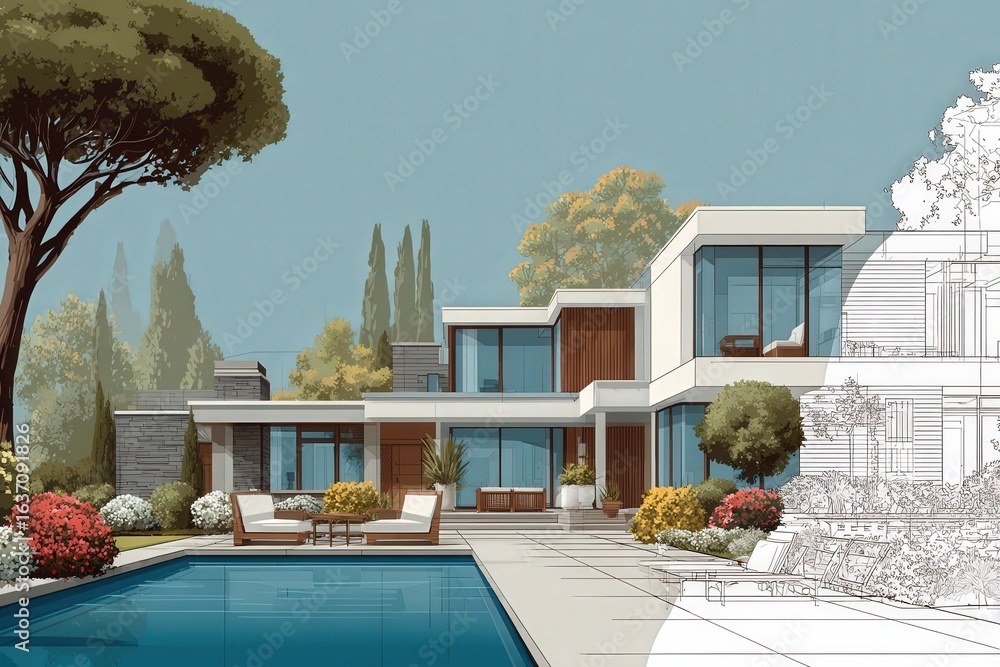 A sleek modern villa features large glass windows and clean lines, surrounded by colorful flowerbeds and mature trees. The outdoor area includes a pristine pool and comfortable seating for relaxation.