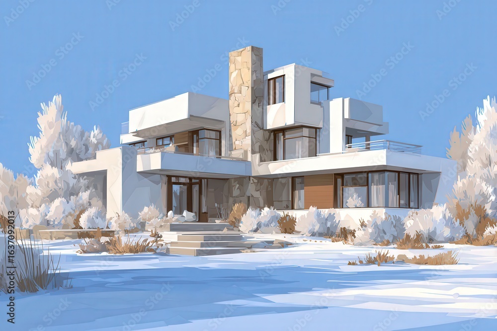 This contemporary house stands majestically in a snowy landscape, showcasing clean lines, multiple levels, and a striking stone fireplace. Surrounding trees add to the serene winter atmosphere.