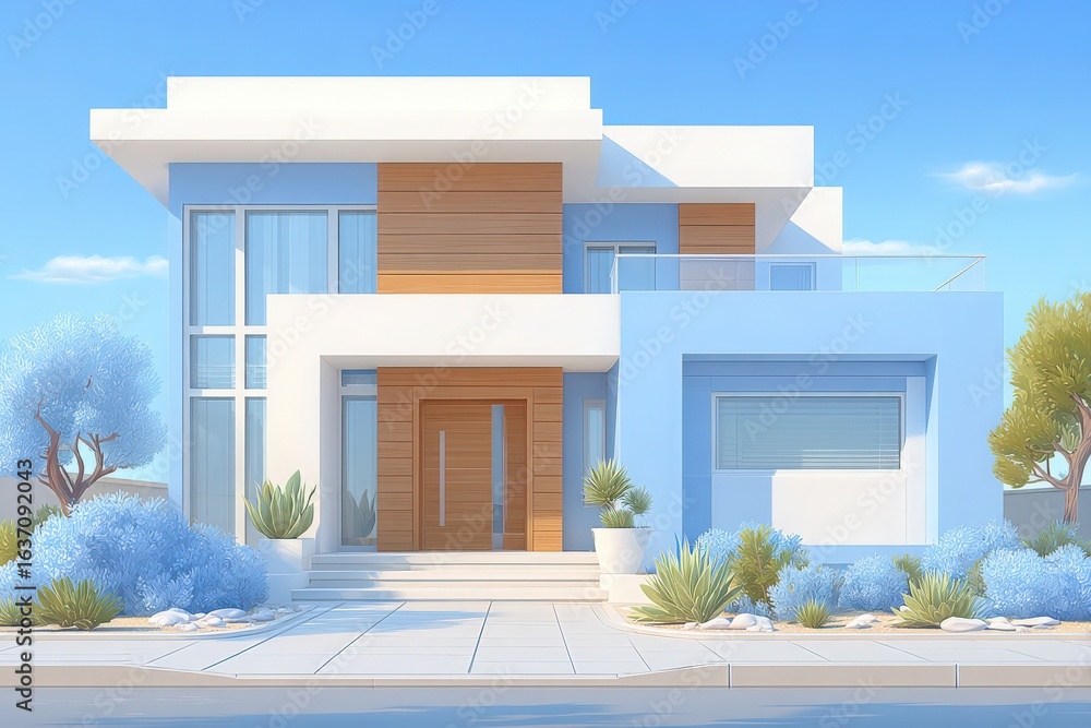 A contemporary house features a striking blue facade complemented by wooden elements. Surrounded by carefully arranged shrubs and plants, the structure stands attractively against a clear blue sky.