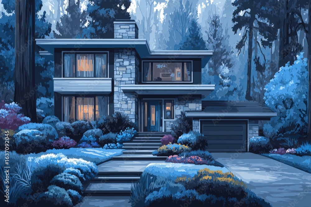 A contemporary house with stone and wood accents stands amidst dense trees. Soft lights from windows illuminate the exterior, enhancing the serene evening atmosphere.