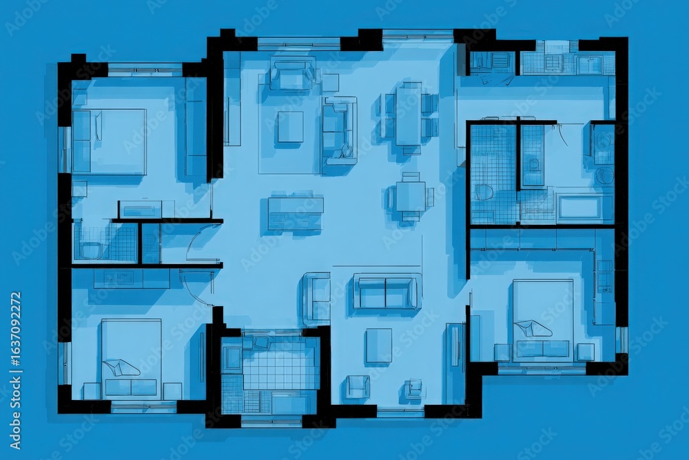 This floor plan features a modern layout with spacious living areas, multiple bedrooms, two bathrooms, and an open kitchen concept ideal for family gatherings and entertaining guests.