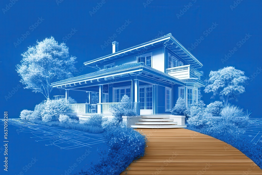 This architectural design showcases a modern house with a welcoming porch, surrounded by detailed landscaping. It features a beautifully curved pathway leading to the entrance, surrounded by greenery.