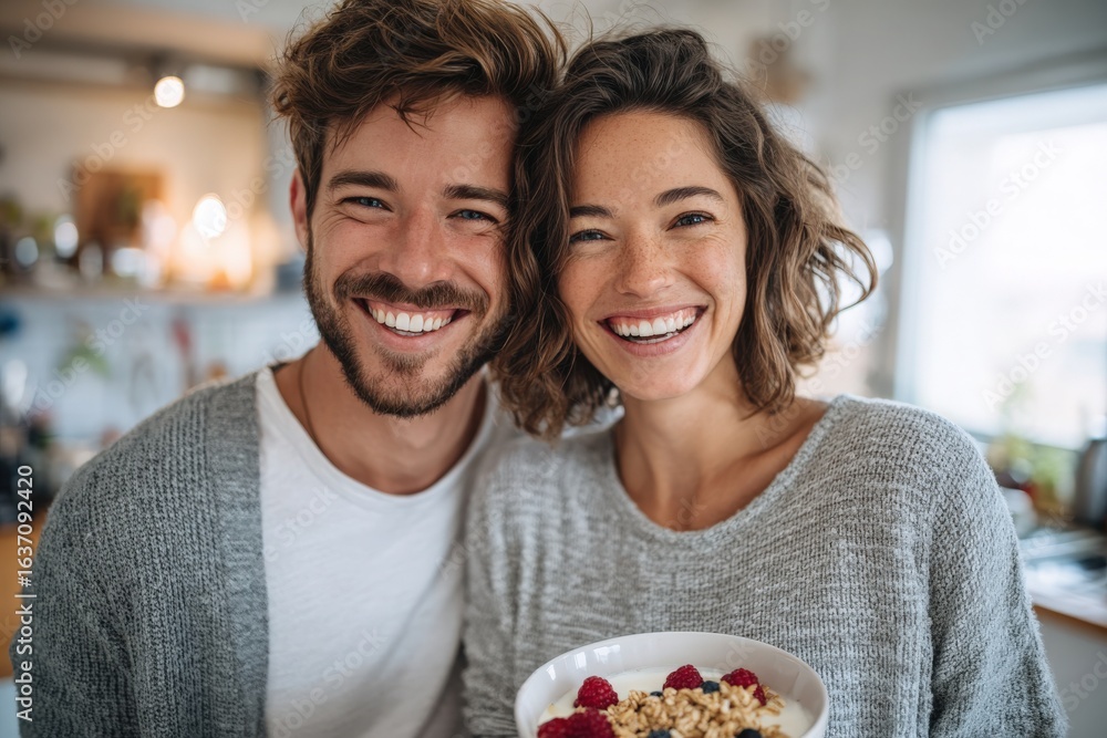 A cheerful couple stands close together, smiling widely while holding a bowl of granola topped with fresh berries. Their cozy kitchen features warm lighting, creating a welcoming atmosphere.