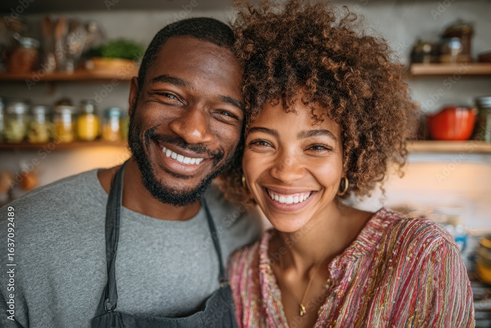 Smiling couple stands close together in a charming kitchen filled with jars and utensils. The warmth of their expressions adds joy to the inviting atmosphere of the home.