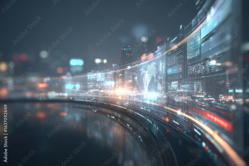 A futuristic cityscape features glowing digital screens displaying data and maps.