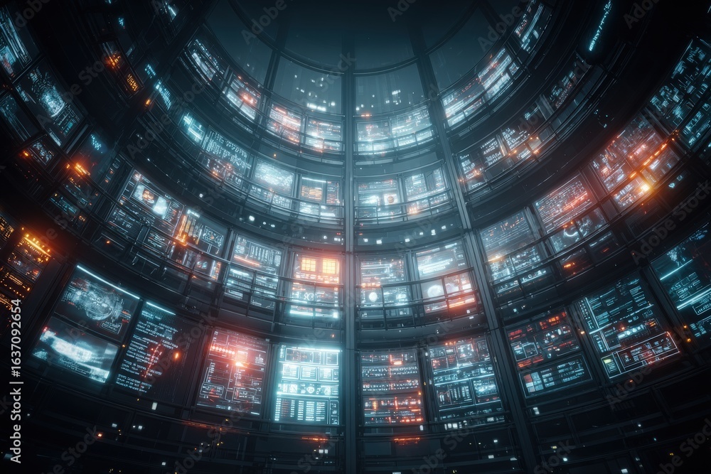 A high-tech control room features an array of screens illuminated with vibrant blue and orange lights. The complex visual displays show various data and analytics, creating an immersive atmosphere.