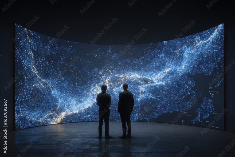 Two individuals stand captivated in front of a large curved screen showcasing a vibrant cosmic scene filled with stars and galaxies. The dark setting enhances the brilliance of the display.