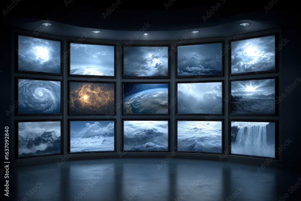 A futuristic room showcases multiple screens depicting extraordinary weather effects, including storms, hurricanes, and lightning.