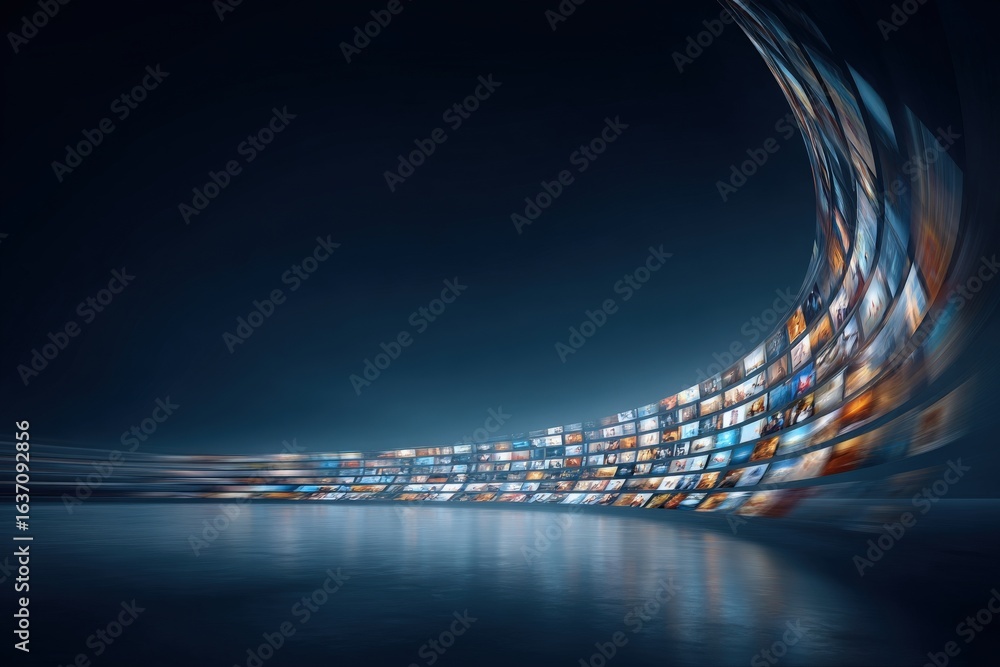 A futuristic display showcases a series of colorful images arranged in a sweeping curved design against a dark background. The artwork emphasizes modern technology and visual creativity.