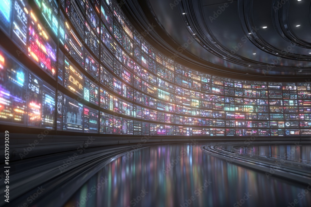 A high-tech control room features an array of colorful digital screens organized in a curved layout. The reflective floor enhances the vibrant glow of the monitors, creating a captivating atmosphere.