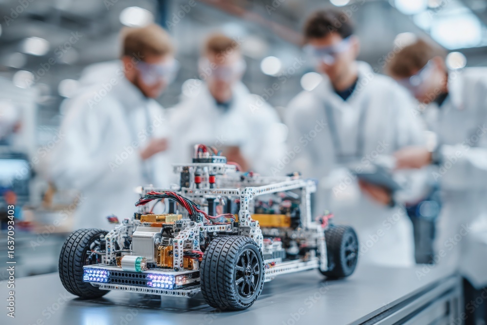 Engineering students work collaboratively in a well-equipped workshop, focusing on a robotic car made from intricate components and electronic parts. Tools and technology surround them.
