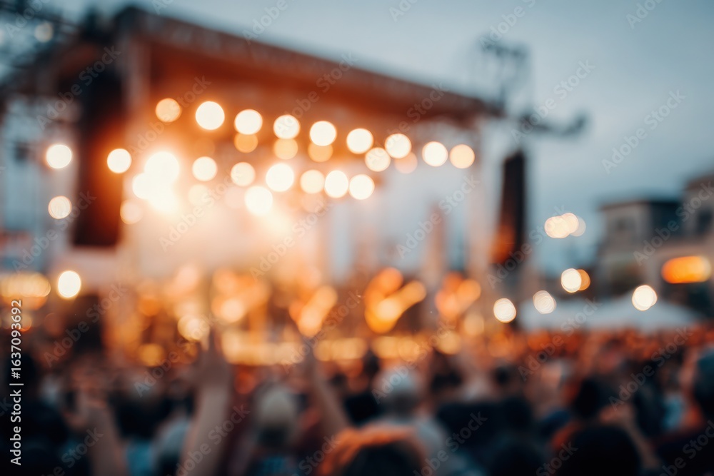 A lively crowd enjoys a concert under the evening sky as bright lights illuminate the stage. People wave their hands and dance, creating an electric atmosphere during the performance.
