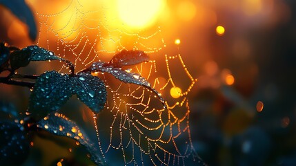 Spiderweb with Dewdrops at Sunrise