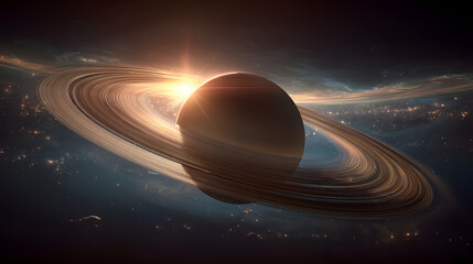 Wall Mural - Stunning view of saturn with glowing sun and rings in space