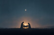 © AungThurein - Digital painting of a serene nativity scene featuring Mary, Joseph, and baby Jesus in a simple wooden manger