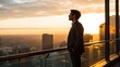 © Platon - A successful businessman stands on a rooftop terrace, looking out over a sprawling city skyline at sunset. The warm, golden light illuminates his profile, symbolizing ambition, achievement