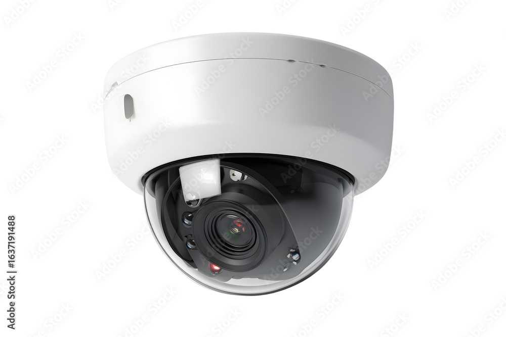 Indoor surveillance camera with white dome housing displayed on a crisp ...