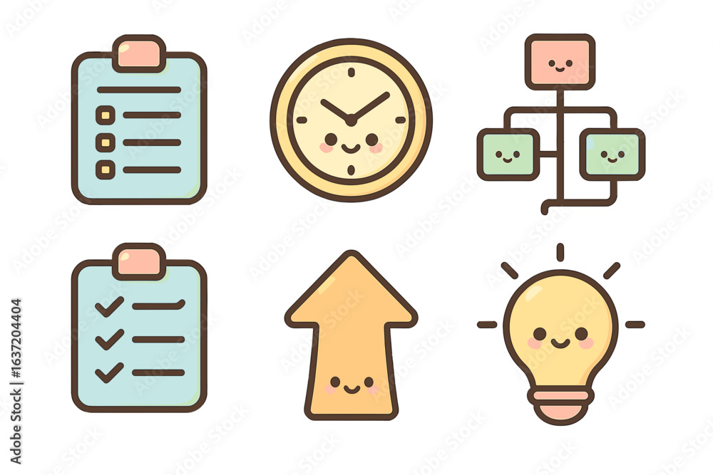 Cute icons of checklist, clock, flowchart, arrow, and lightbulb project ...