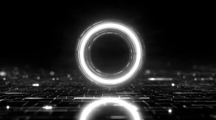 Wall Mural - a glowing circular shape hovers in a dark, digital landscape, creating a futuristic and mysterious a