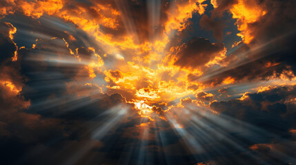 Wall Mural - dramatic sunset with vibrant orange and yellow hues illuminating clouds, creating stunning display o