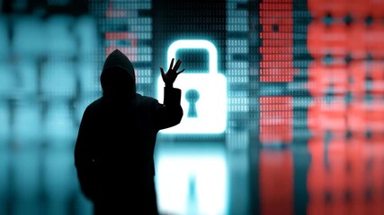 Cyber security and data privacy Hacker silhouette facing digital lock technology