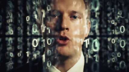 Man speaking with binary code overlay, digital communication and technology concept