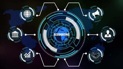 Business, Technology, Internet and network concept. Enterprise resource planning accounting concept ,Abstract technology symbols on  Futuristic Technology AND world map Background.