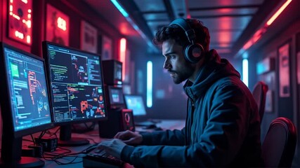 Cyberpunk coder working in a neon-lit tech space with multiple displays