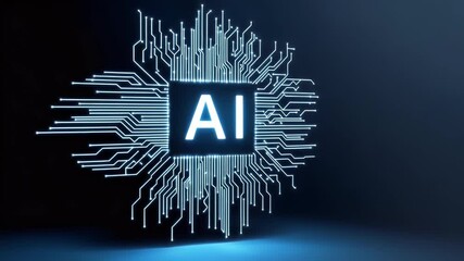 Wall Mural - 
A blue background with the text AI in white, and an icon of a chip or computer on it.