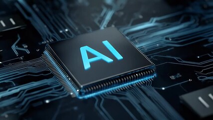 Wall Mural - 
A blue background with the text AI in white, and an icon of a chip or computer on it.