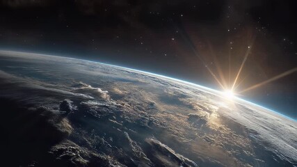Wall Mural - sunrise over planet earth from outer space with glowing sunlight rays, atmospheric horizon, and stun