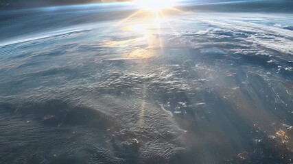 Wall Mural - sunrise over planet earth from outer space with glowing sunlight rays, atmospheric horizon, and stun