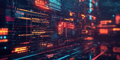 Wall Mural - dark theme interface with floating holographic ui elements and code stock photo