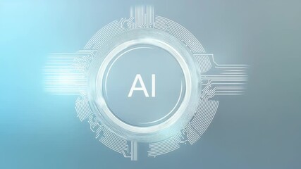 Wall Mural - A white, circular, futuristic AI icon with the letters AI in it, set against an abstract background with light blue and gray tones. The circle is filled with various technological
